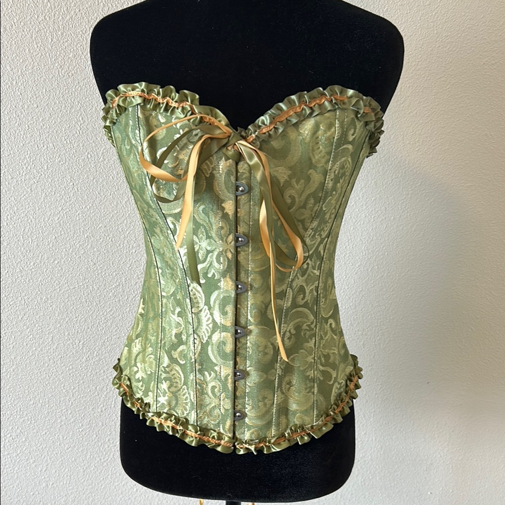 Green Brocade Corset with Gold Accents